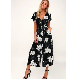 Lulu's North Pacific Black and White Floral Print Culotte Jumpsuit
